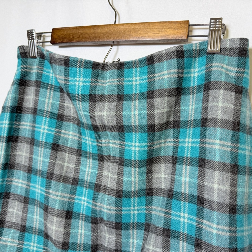 Talbots Turquoise Grey Plaid Wool Blend Pencil Skirt Size 10 PH95